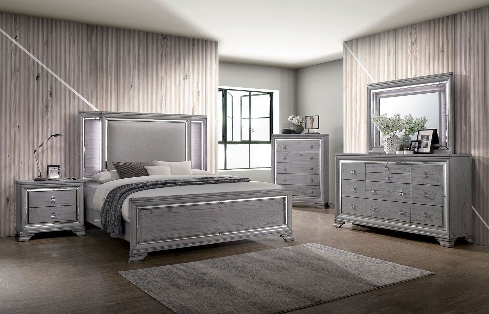 Alanis Light Gray 5 Pc. Queen Bedroom Set w/ 2NS