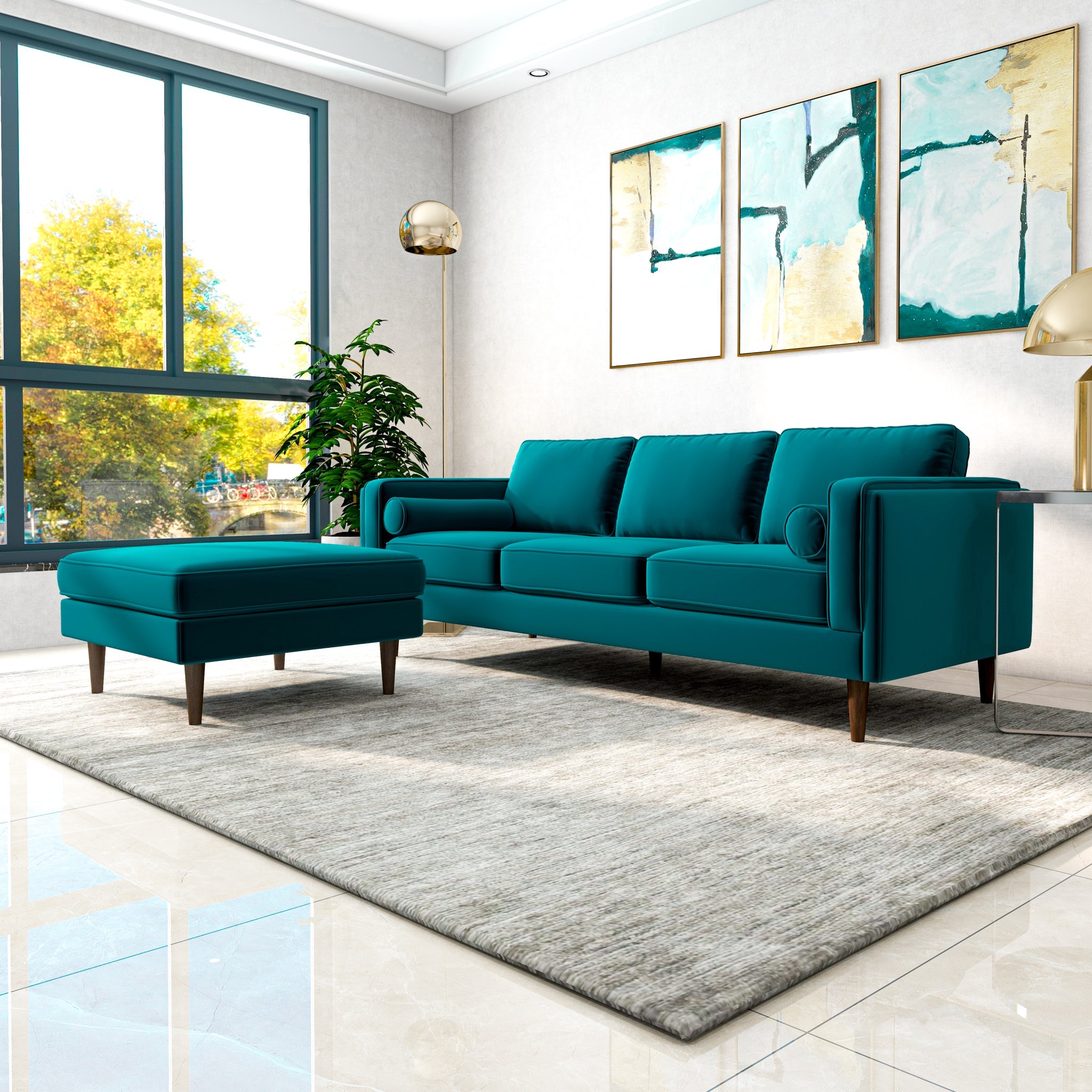 Amber  Square Upholstered Ottoman (Teal Velvet)