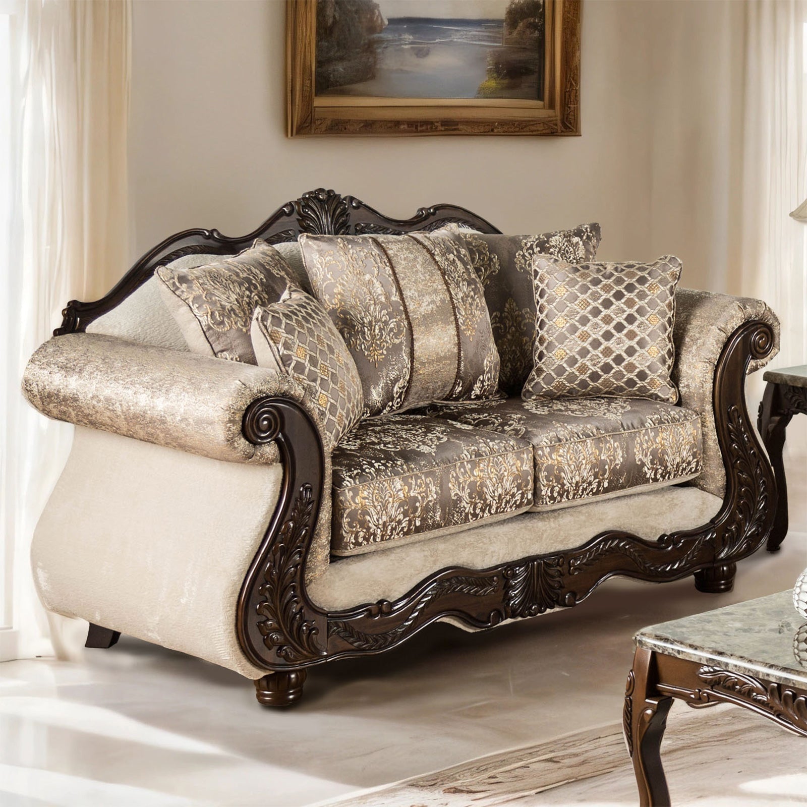 Andalusia Light Brown / Dark Cherry Upholstery Living Room Set
