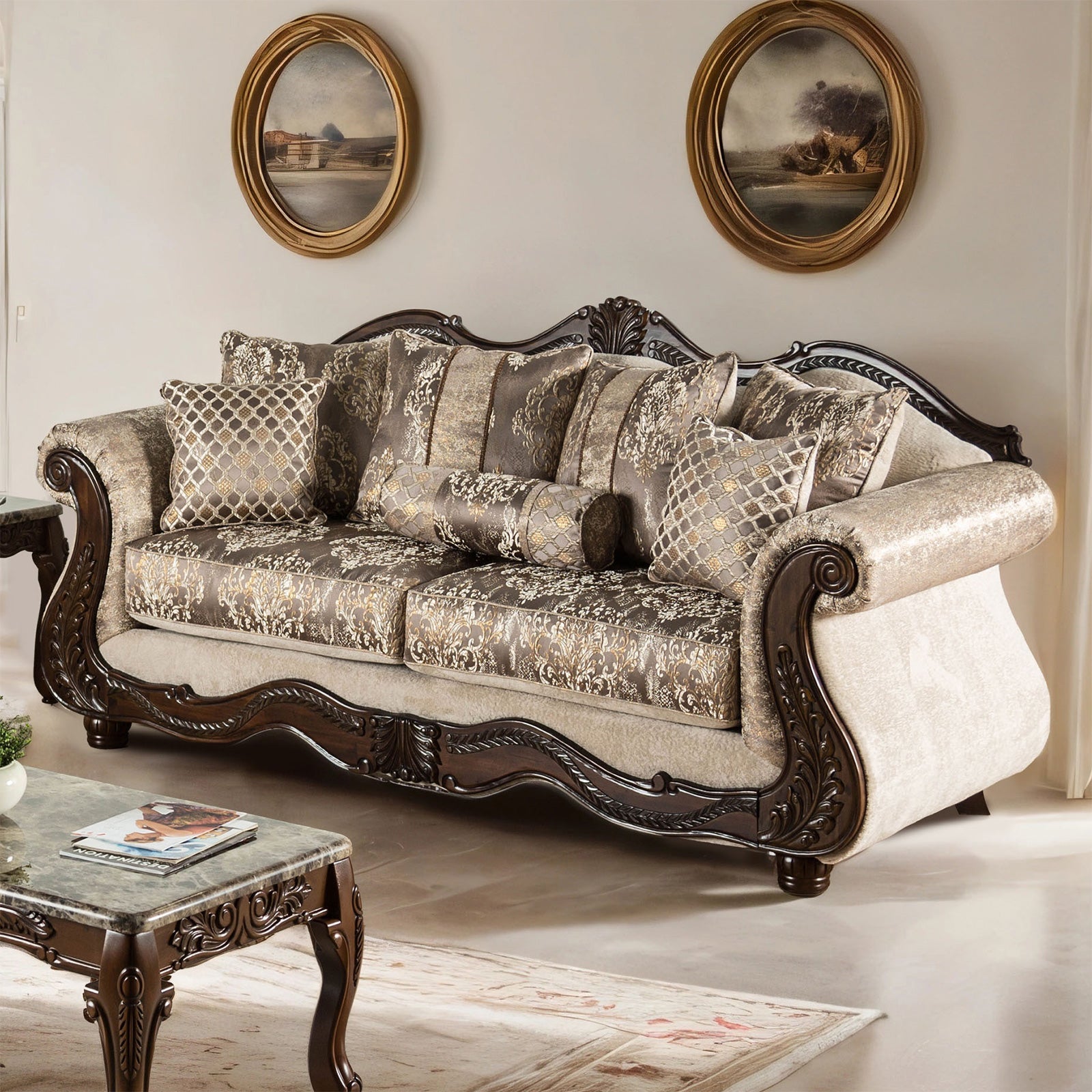 Andalusia Light Brown / Dark Cherry Upholstery Living Room Set