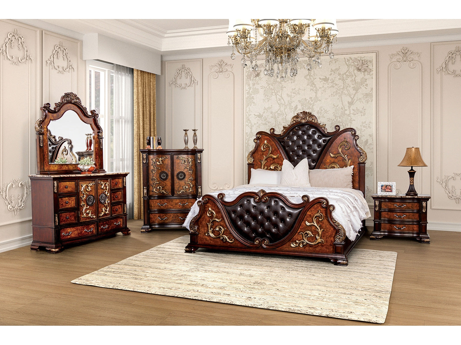 Aquilina Cherry/Oak 5 Pc. Queen Bedroom Set w/ 2NS