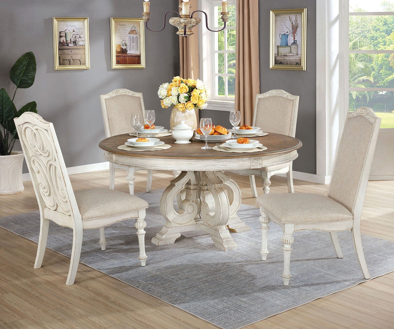 Arcadia Antique White/Ivory 7 Pc. Round Dining Room Set