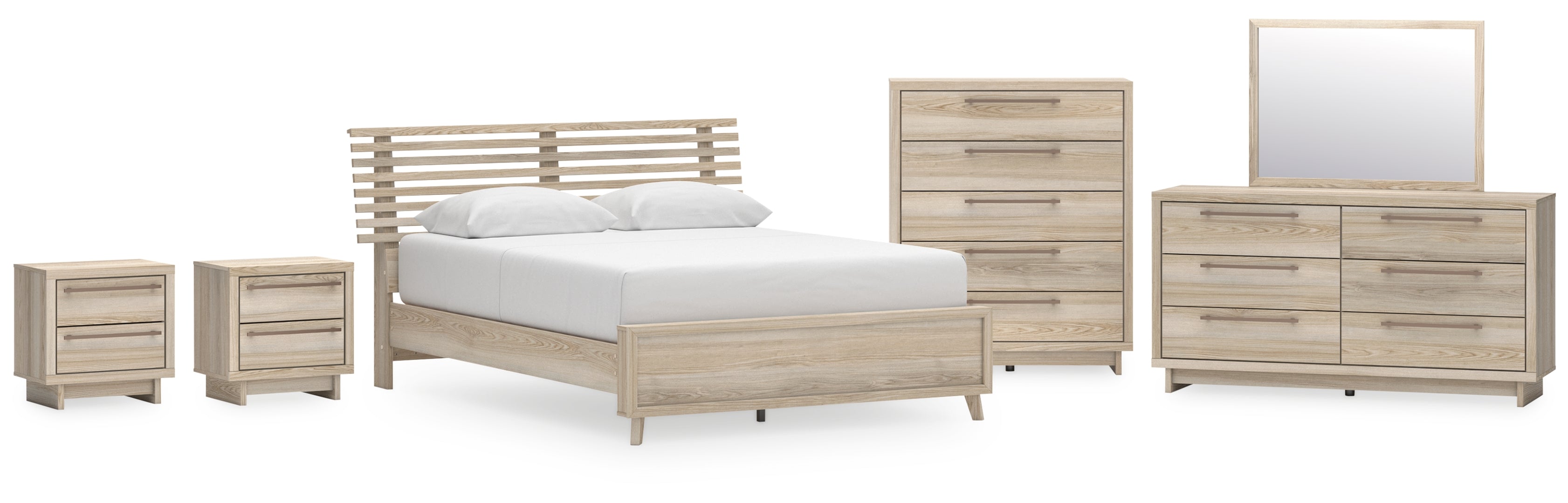 Hasbrick Queen Panel Bed with Mirrored Dresser, Chest and 2 Nightstands