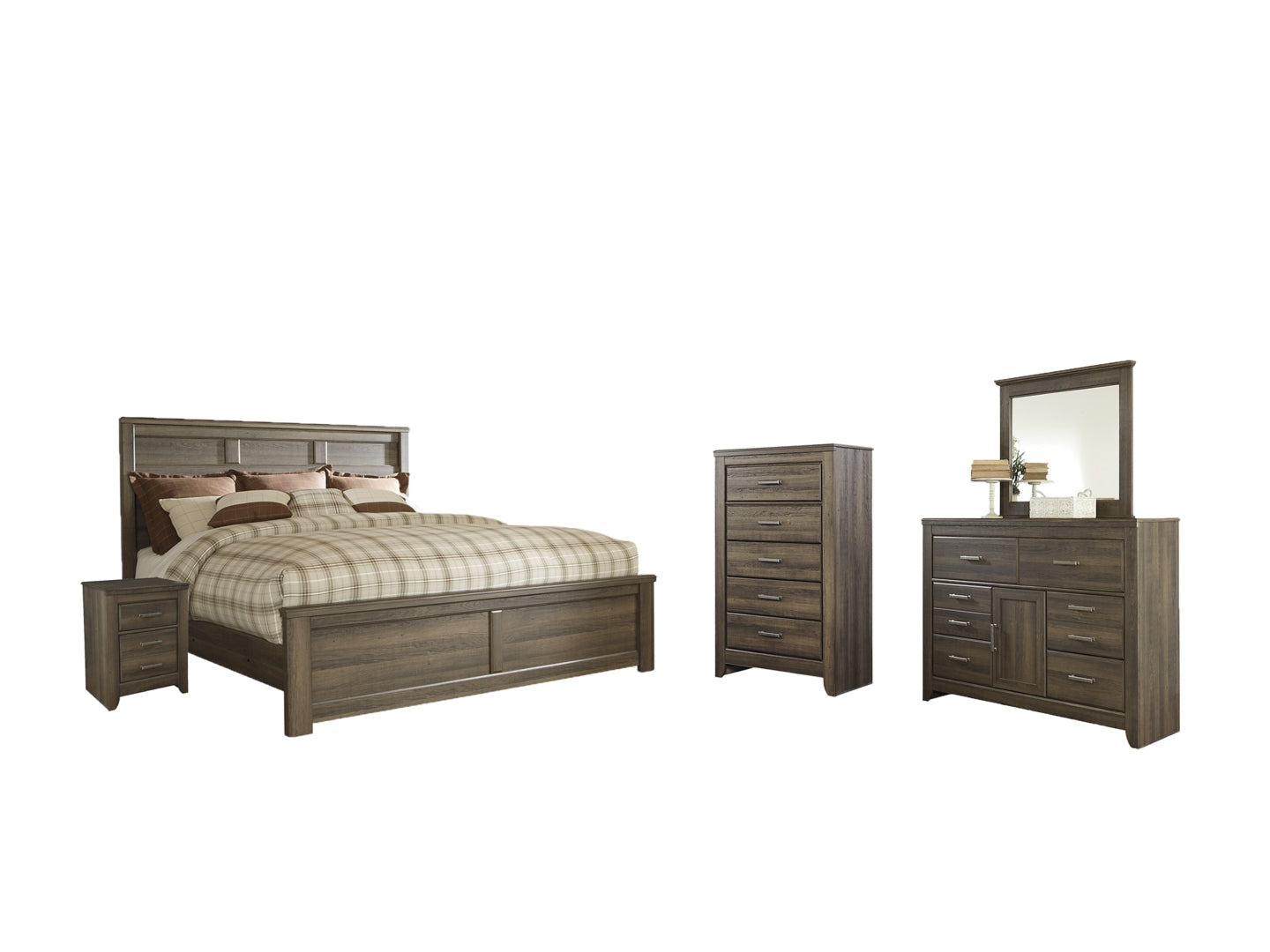 Juararo California King Poster Bed with Mirrored Dresser, Chest and 2 Nightstands