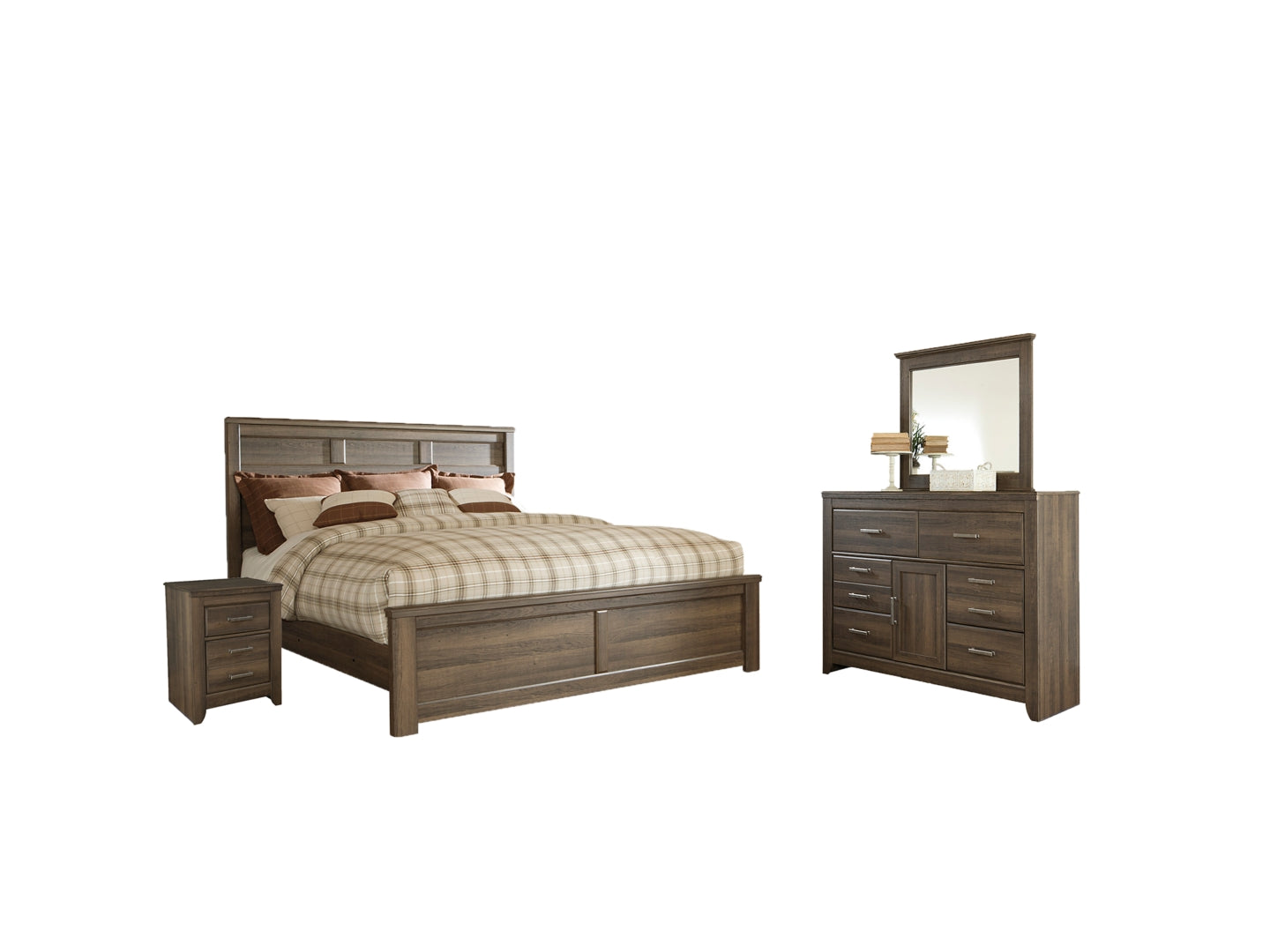 Juararo California King Poster Bed with Mirrored Dresser, Chest and 2 Nightstands