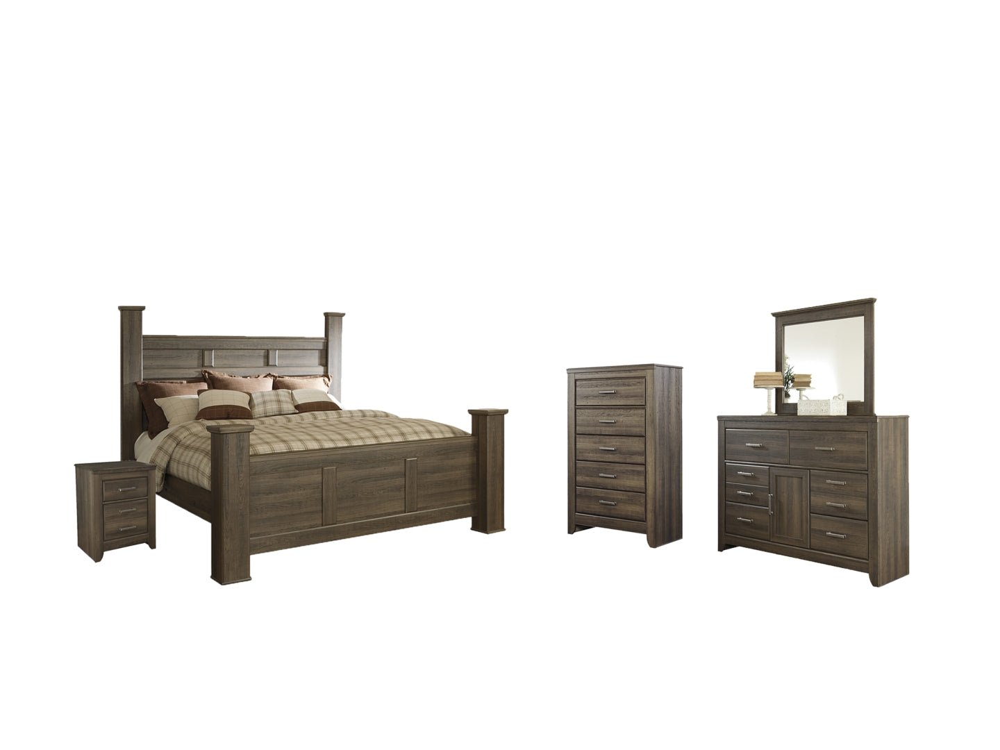 Juararo California King Poster Bed with Mirrored Dresser, Chest and 2 Nightstands