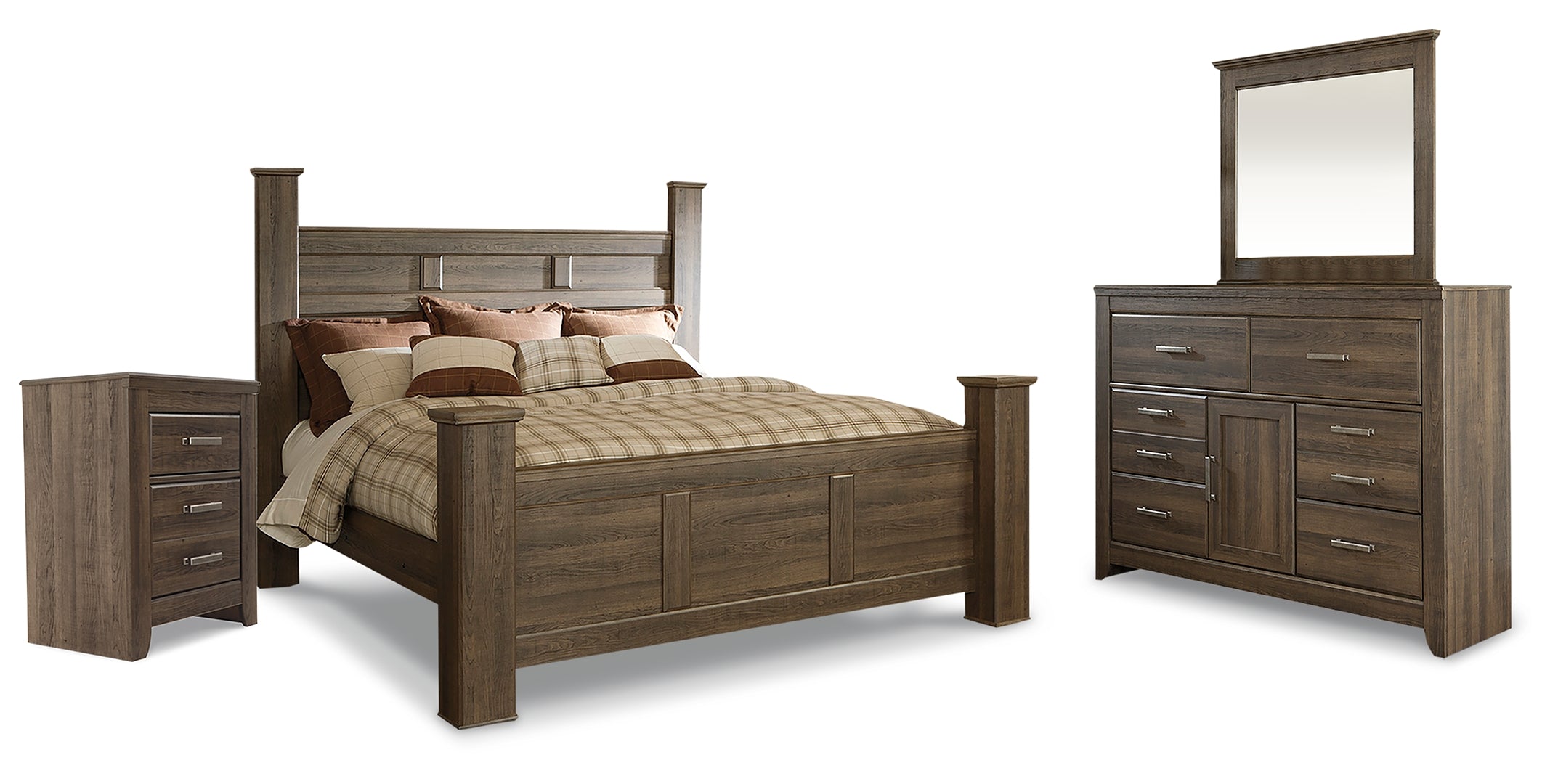 Juararo California King Poster Bed with Mirrored Dresser, Chest and 2 Nightstands