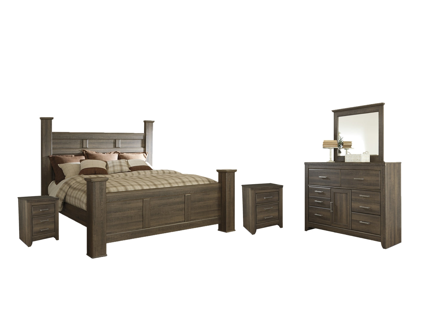 Juararo California King Poster Bed with Mirrored Dresser, Chest and 2 Nightstands