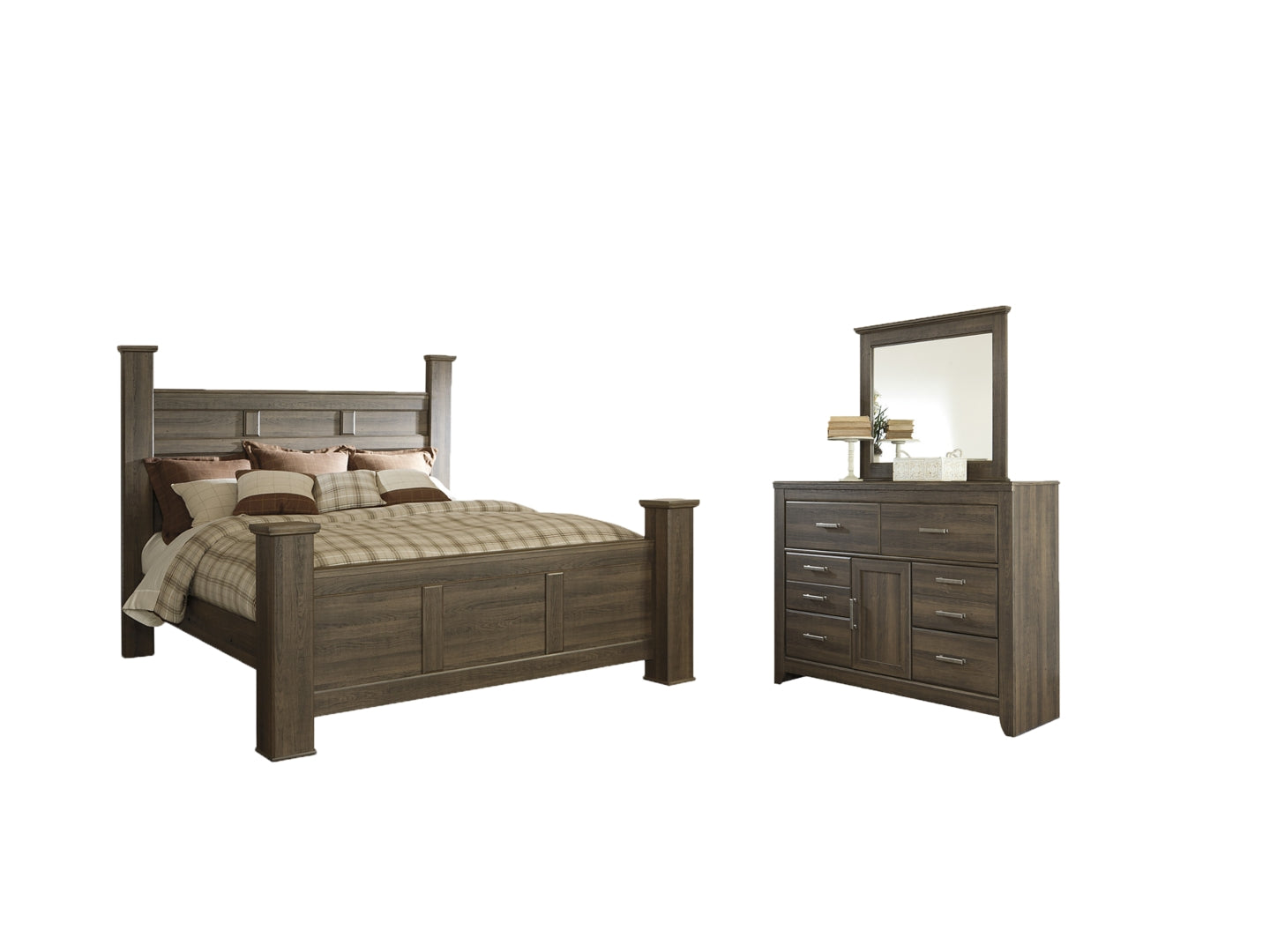 Juararo California King Poster Bed with Mirrored Dresser, Chest and 2 Nightstands