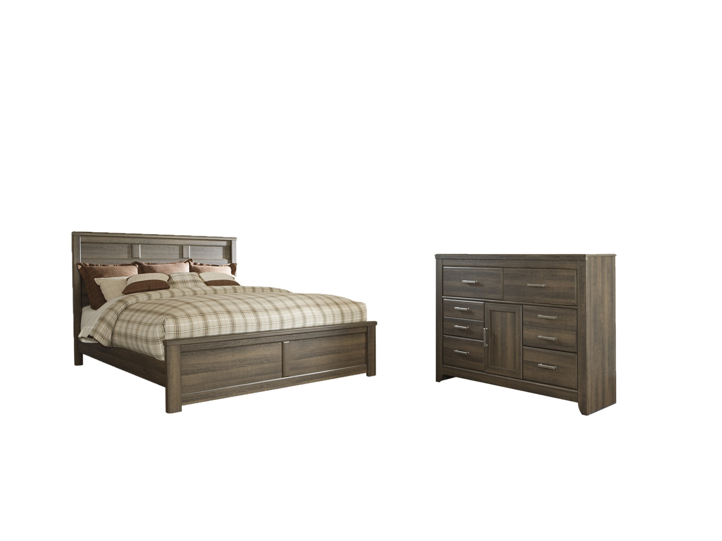 Juararo California King Poster Bed with Mirrored Dresser, Chest and 2 Nightstands