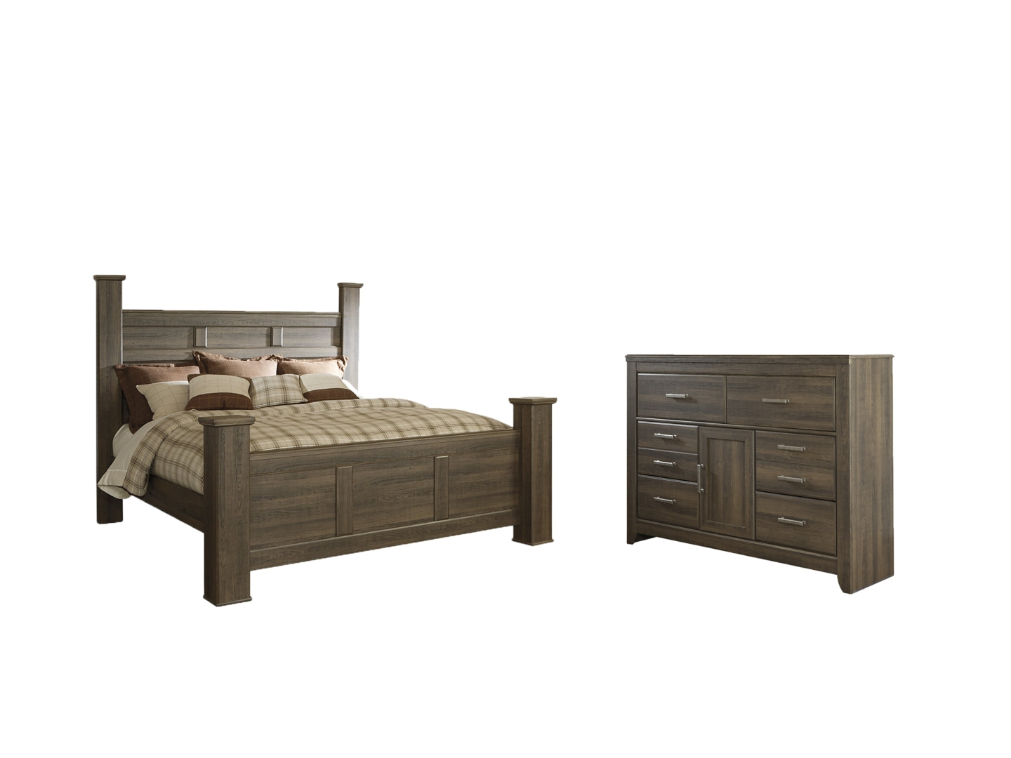 Juararo California King Poster Bed with Mirrored Dresser, Chest and 2 Nightstands