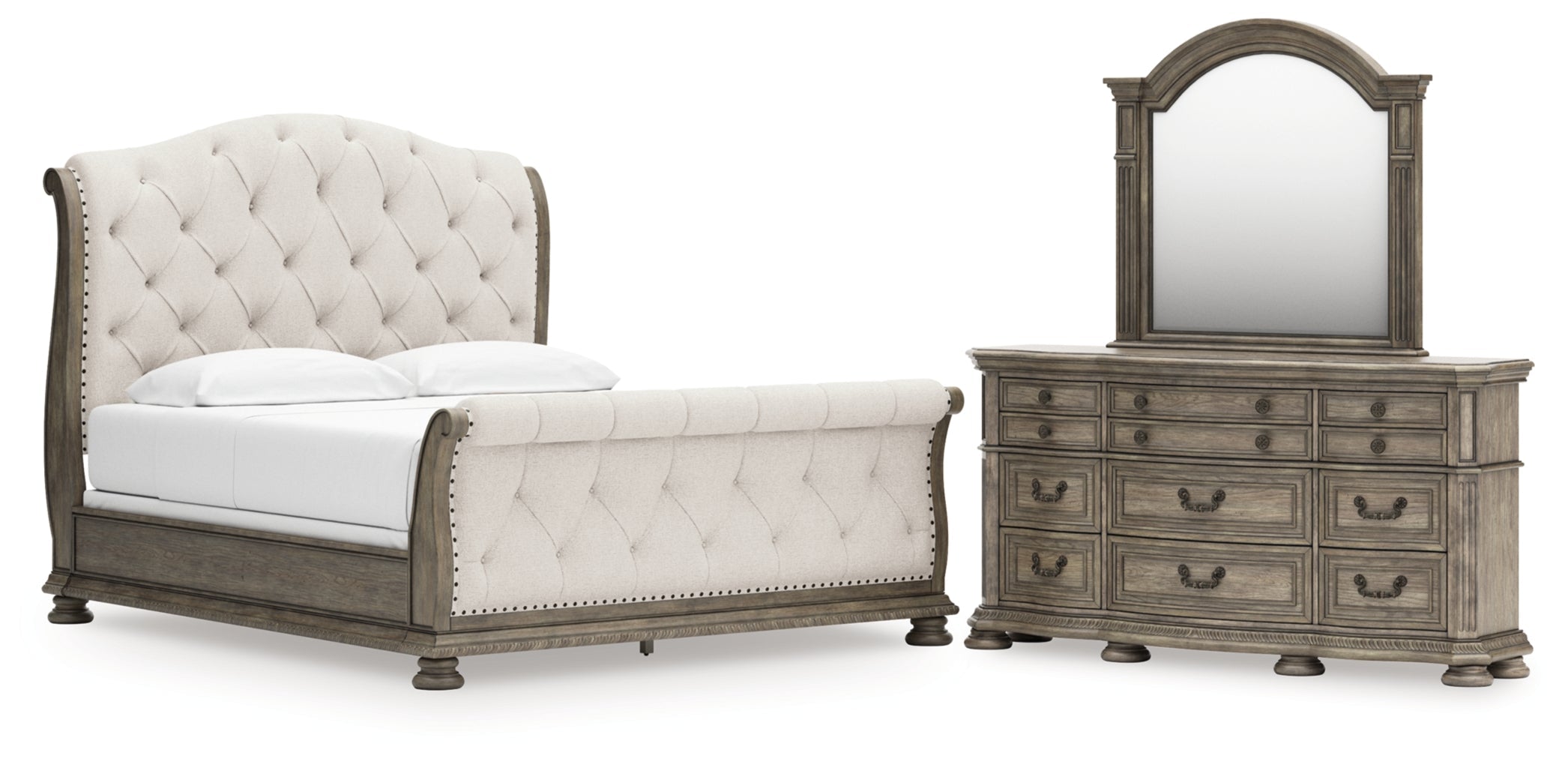 Ardenfield Upholstered Sleigh Bed, Dresser, Mirror, Chest & Nightstand, Bedroom Set