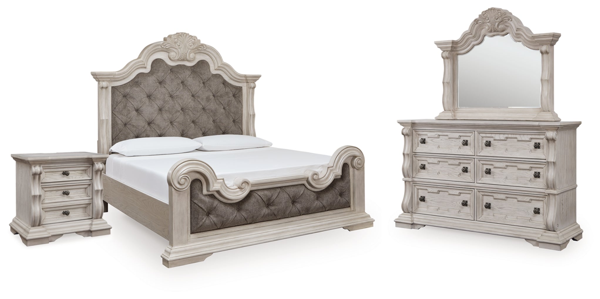 Bruchandi Upholstered Panel Bed, Dresser, Mirror & Nightstand, Bedroom Set
