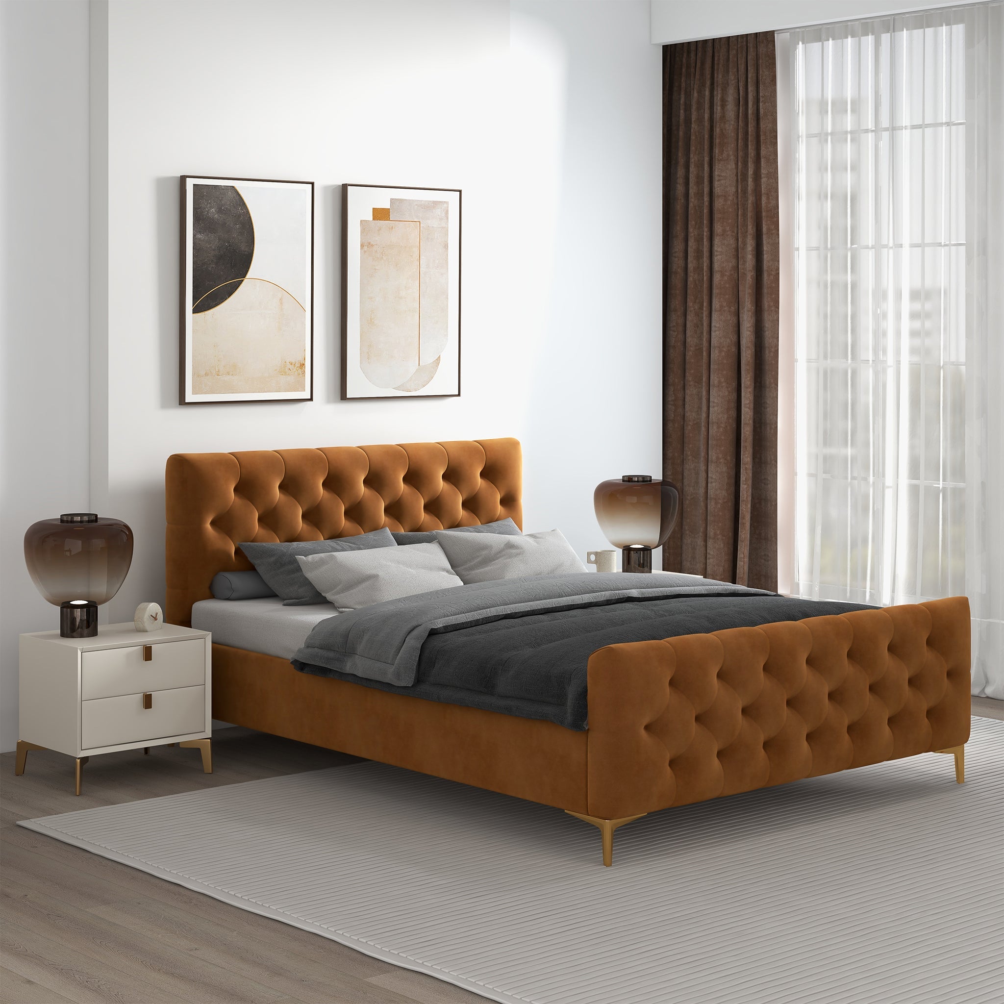 Bailey Cognac Velvet Queen Bed