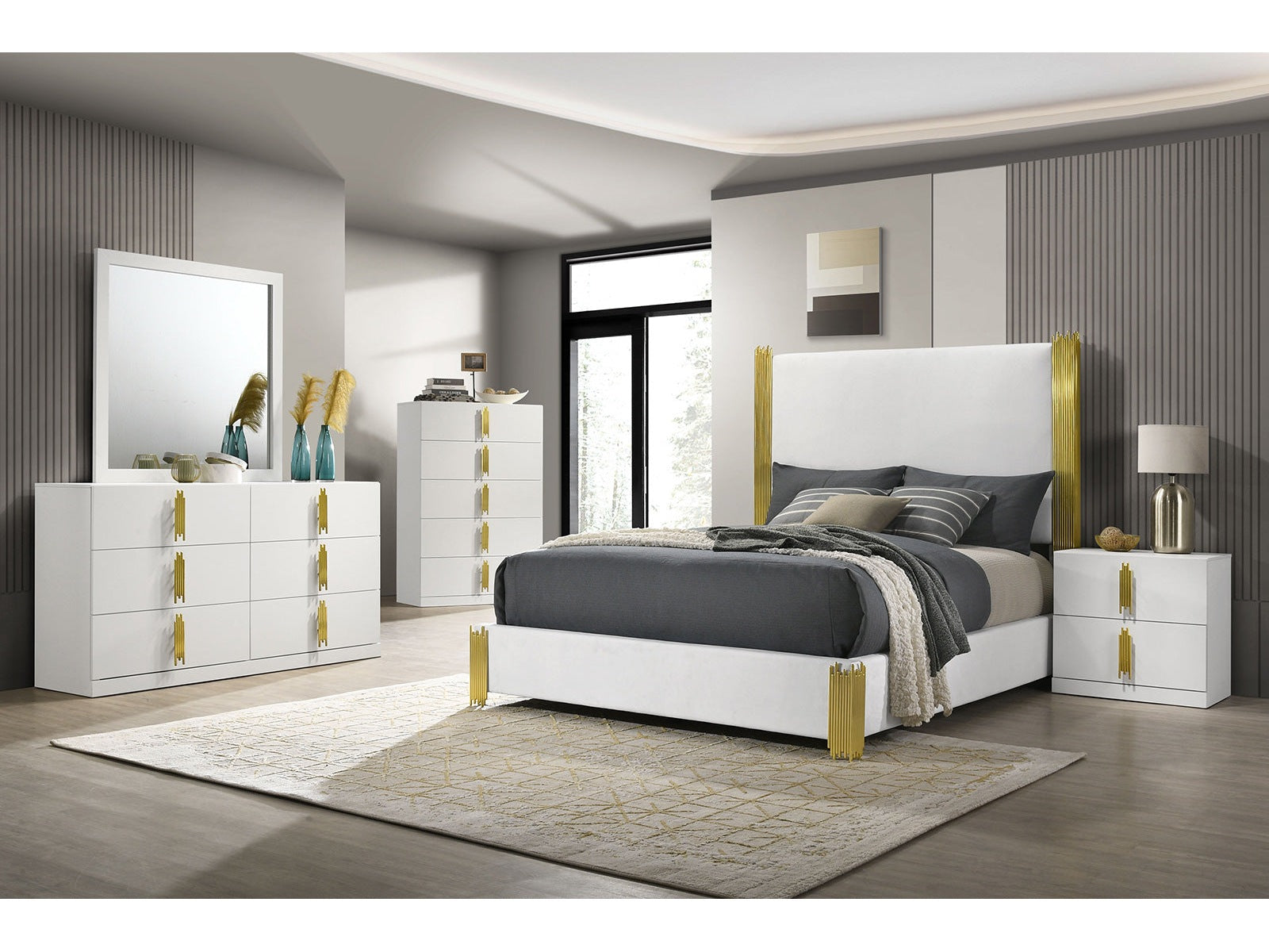 Basildon White/Gold Queen 4 Piece Bedroom Set