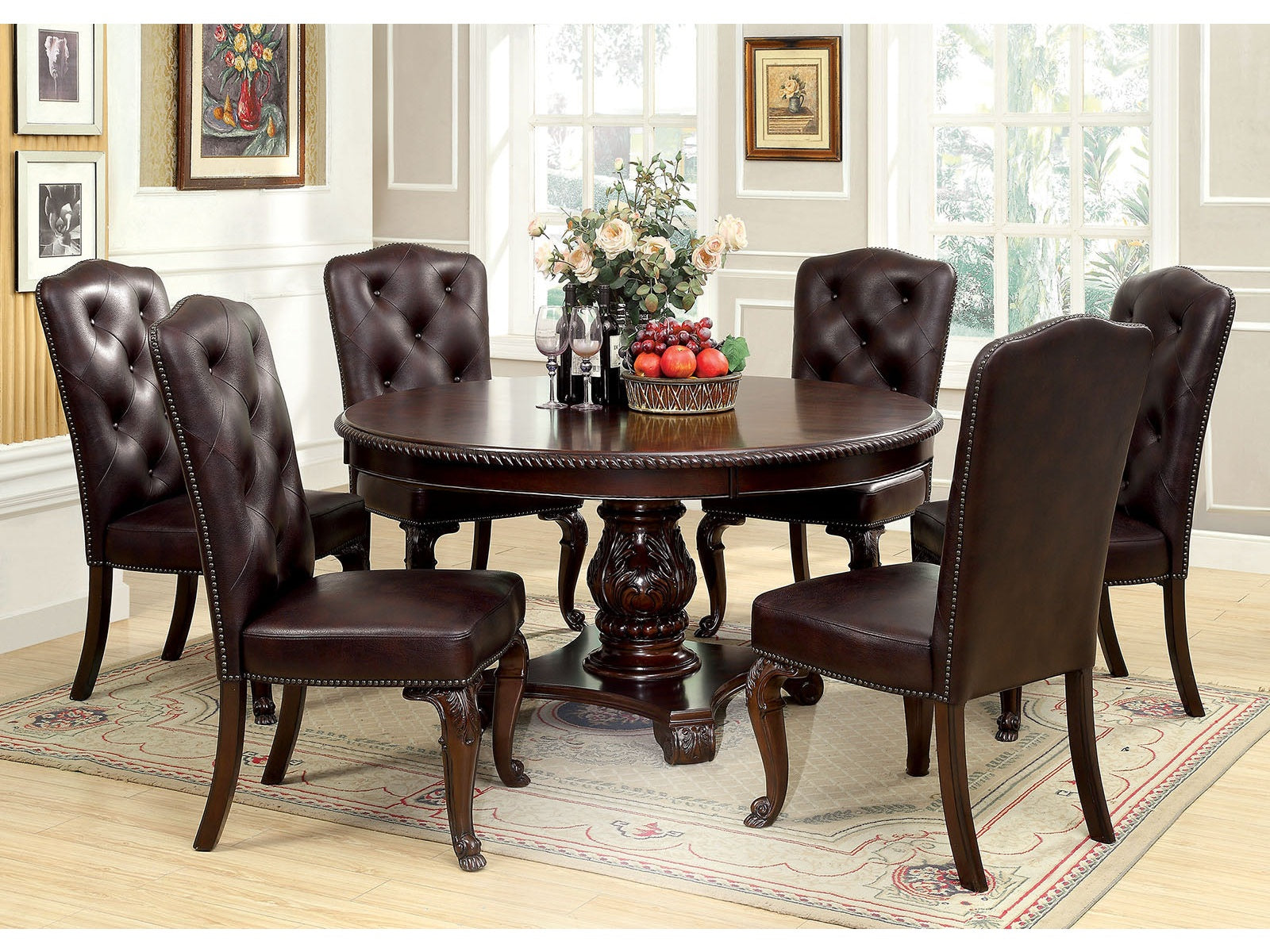 Bellagio Brown Cherry Leatherette Round Dining Room Set / 7-piece