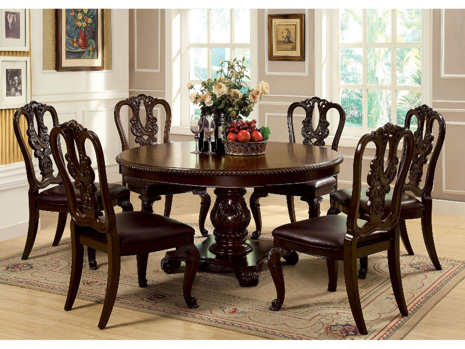 Bellagio Brown Cherry Wooden/Leatherette Round Dining Room Set / 7-piece