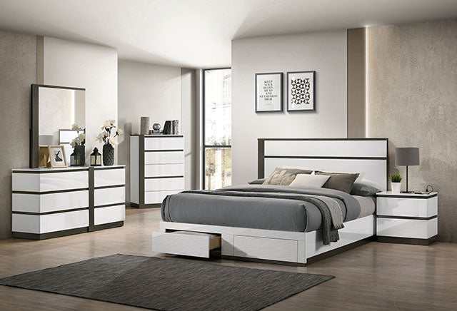 Birsfelden White/Metallic Gray Eastern King Bed w/ Drawers