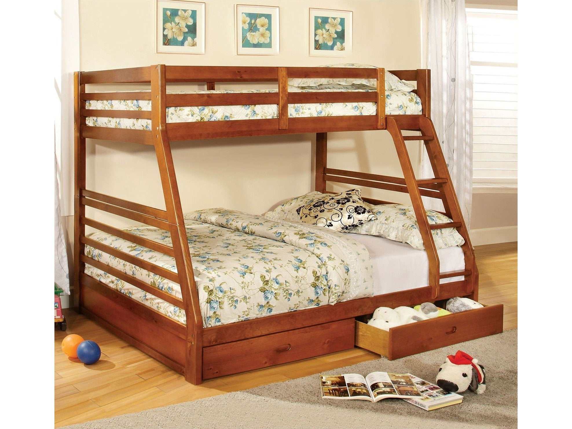 California Oak Twin/Full Bunk Bed w/ 2 Drawers