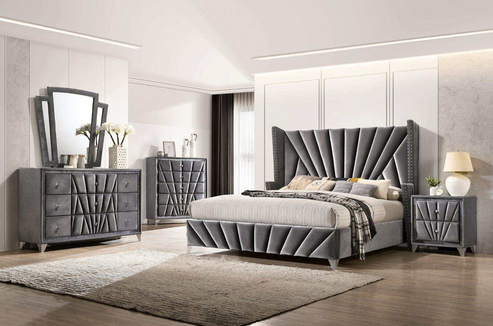 Carissa Gray Velvet Upholstered Wingback HB Bed