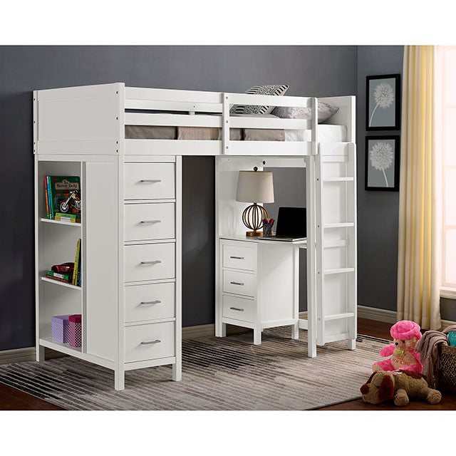 Cassidy White Twin Loft Bed w/ Drawers