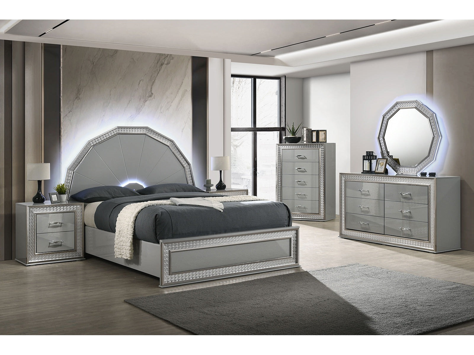 Cassiopeia Metallic Gray Queen 5 Piece Bedroom Set w/Chest