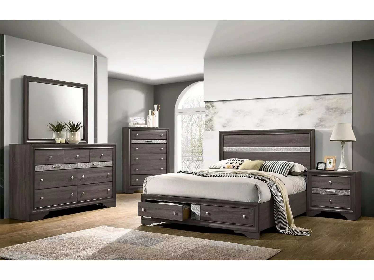 Chrissy Gray 5pc Queen Bedroom Set (2 Nightstands)