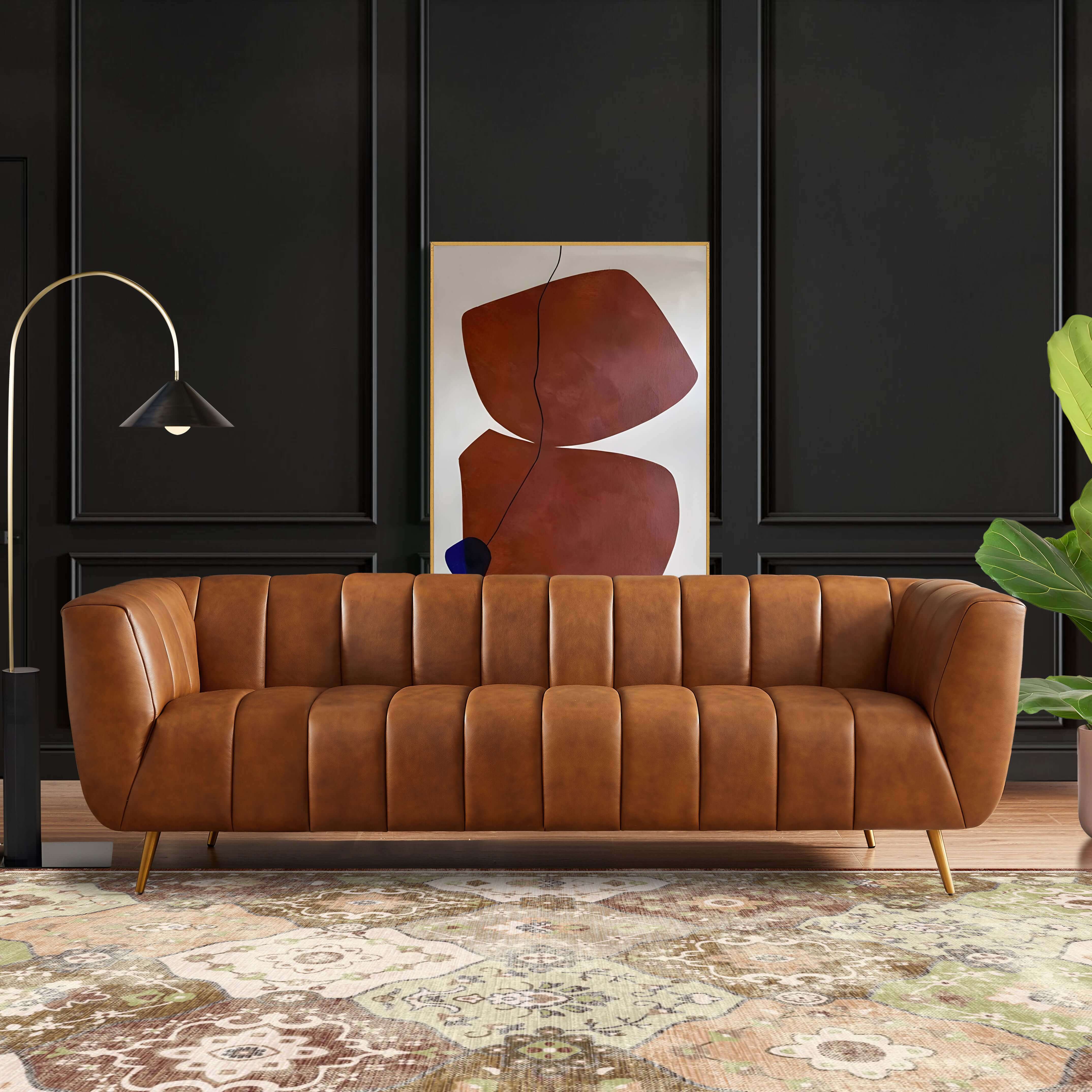 Ava Genuine Italian Cognac Leather Channel Tufted Sofa