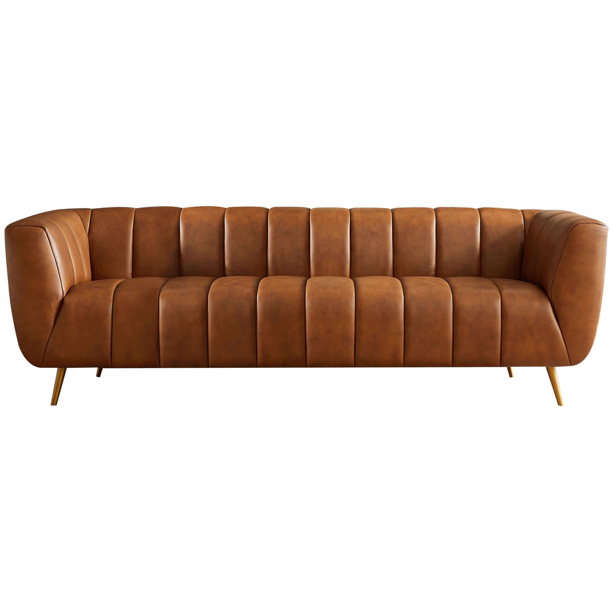 Ava Genuine Italian Cognac Leather Channel Tufted Sofa