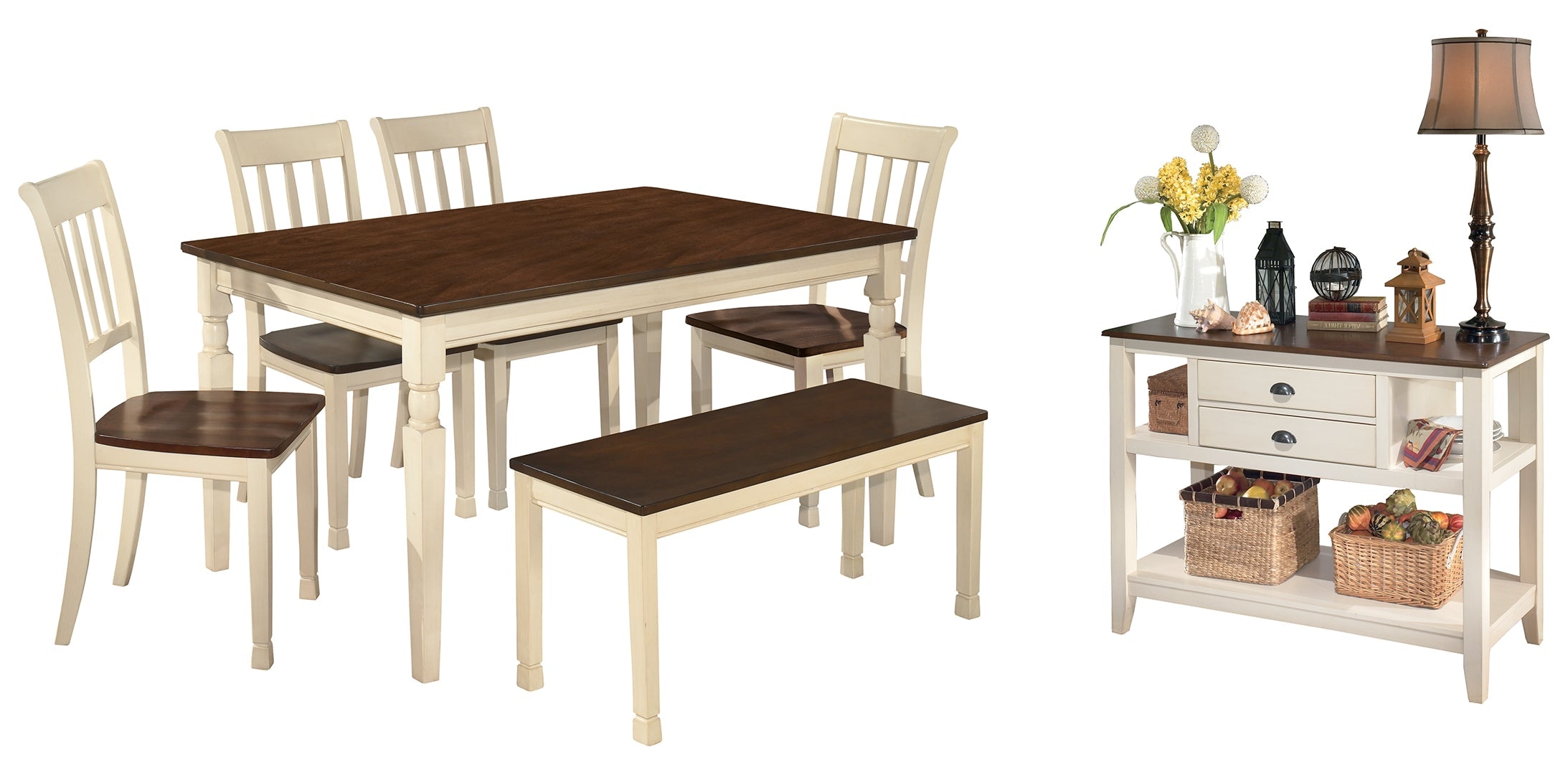 Whitesburg Dining Table and 4 Chairs and Bench with Storage