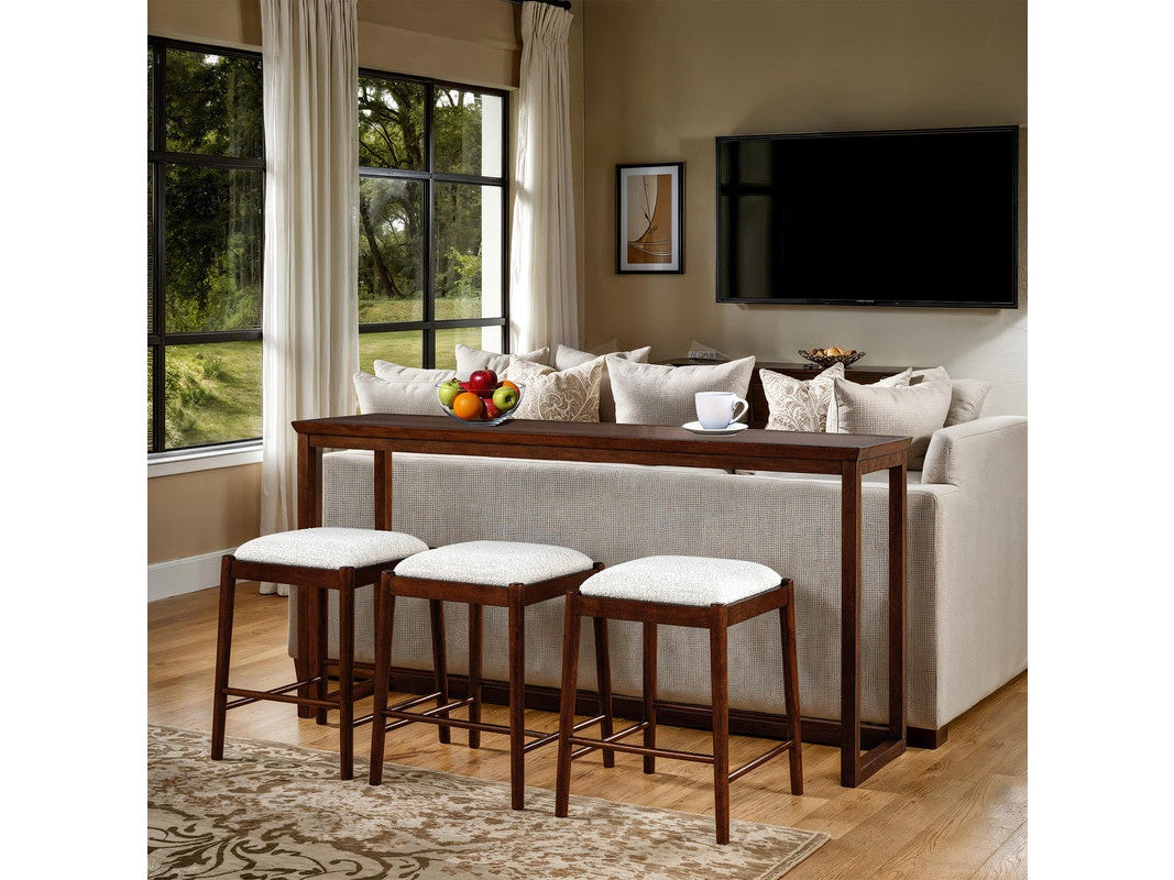 Daventry Walnut/Beige Sofa Table w/ 3 Backless Counter Ht Stools