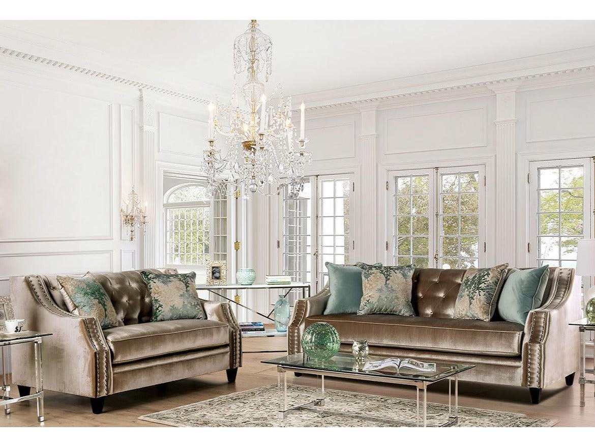 Elicia Champagne Stationary Sofa & Loveseat 2pc