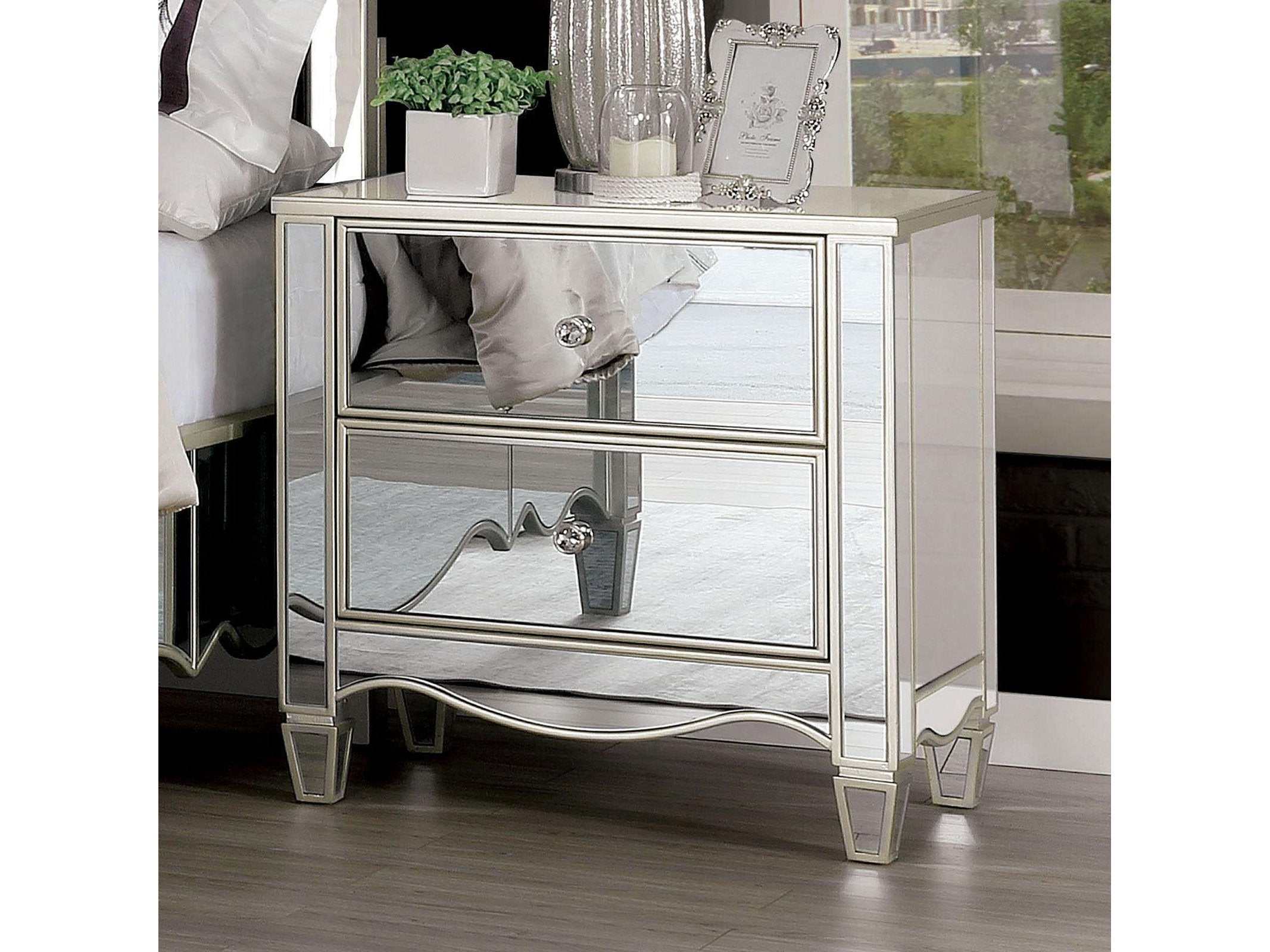 Eliora Silver & Mirrored Nightstand w/ USB Plug
