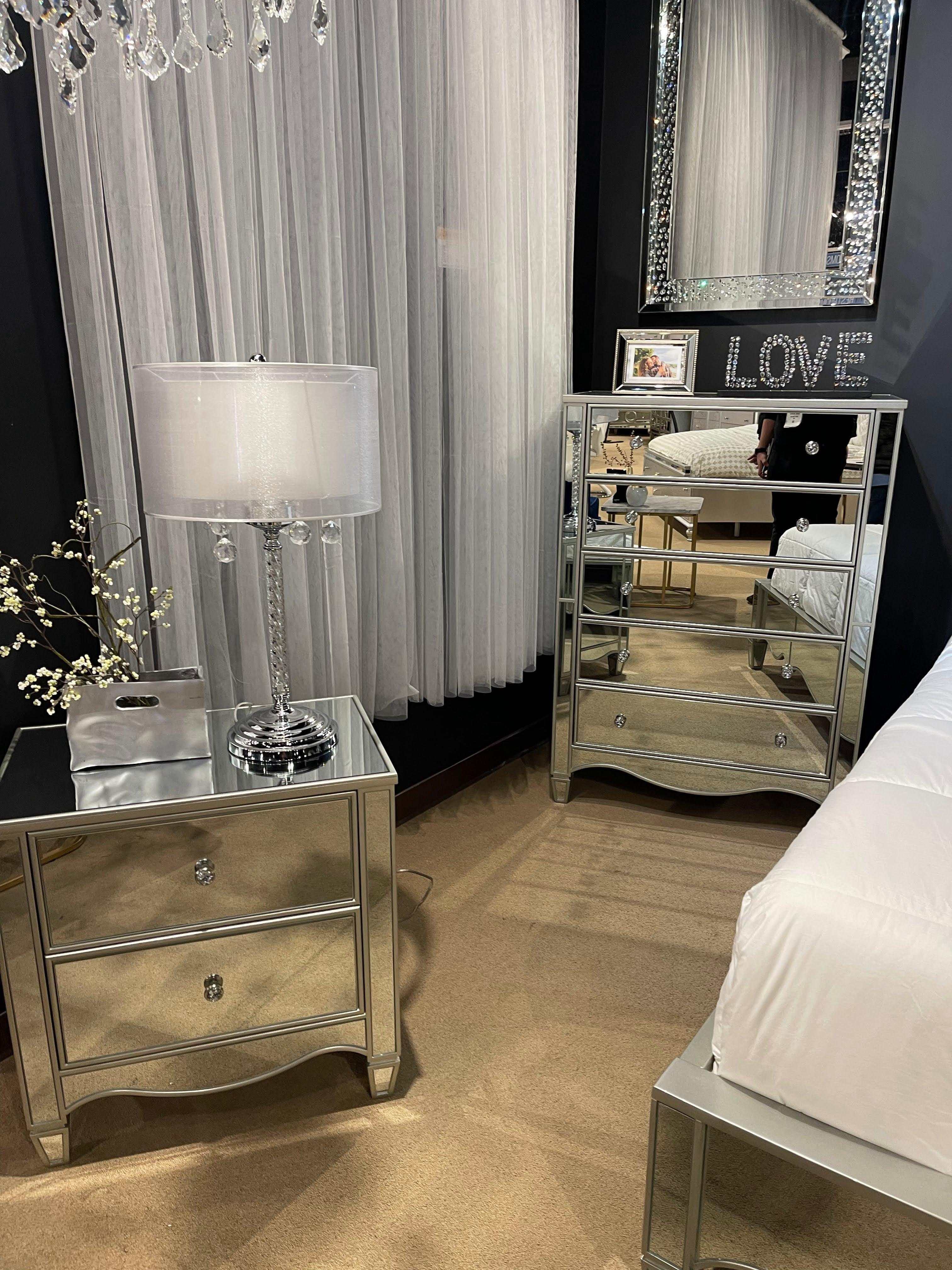 Eliora Silver & Mirrored Nightstand w/ USB Plug