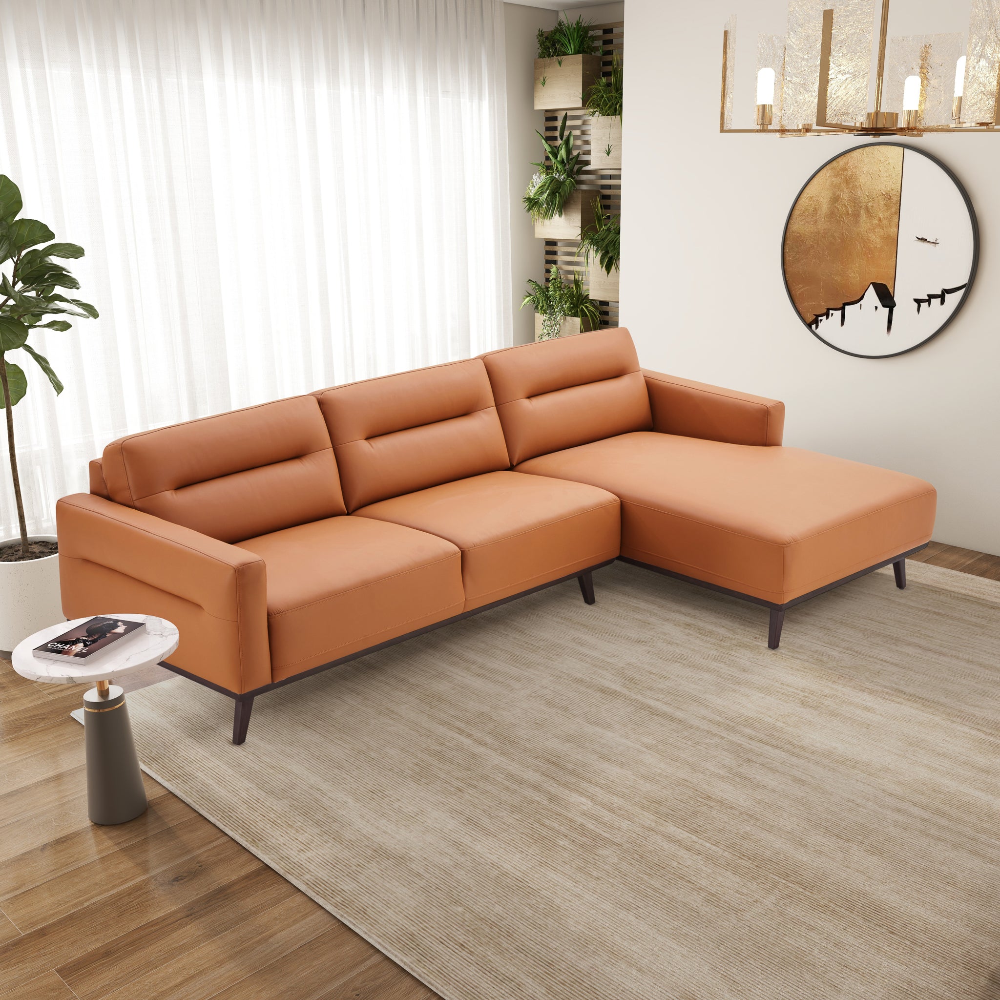 Ella L-Shaped Cognac PU Leather Right Sectional Couch