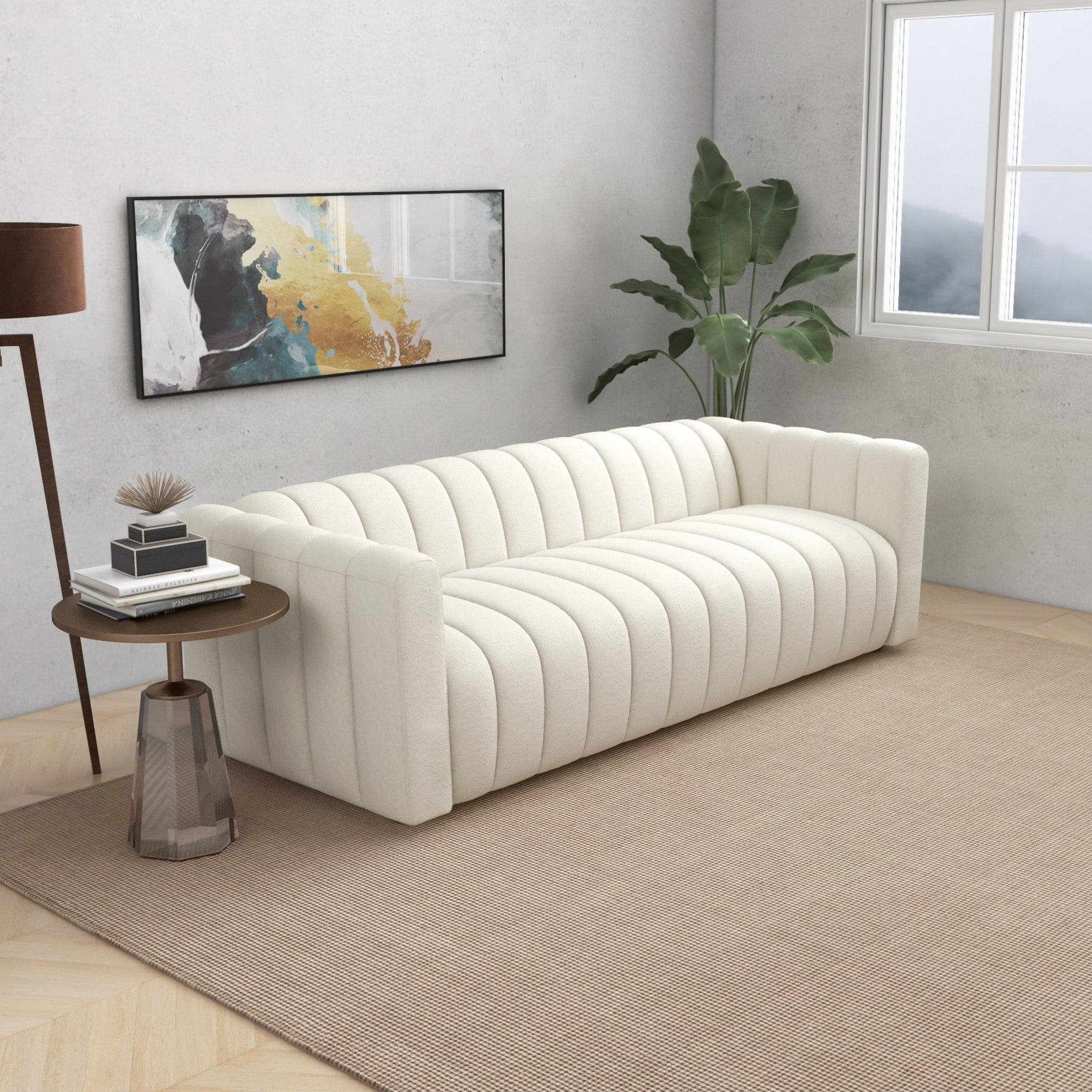 Elrosa Channel Tufted Beige Boucle Sofa