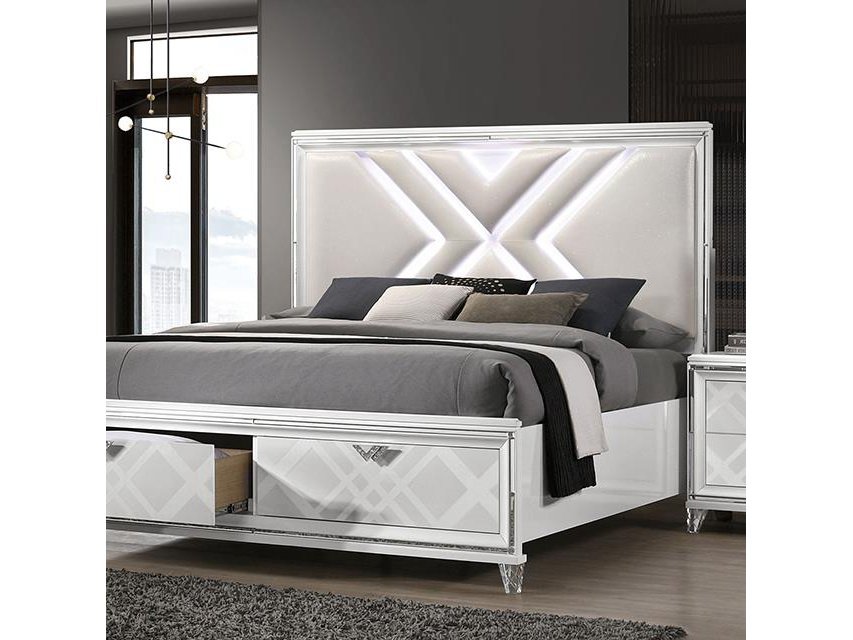 Emmeline White California King Bed w/ HB LED Lights & FB Drawers