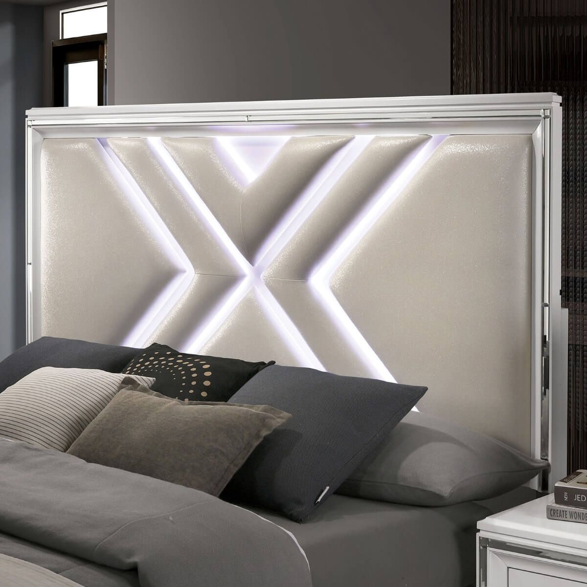 Emmeline White California King Bed w/ HB LED Lights & FB Drawers