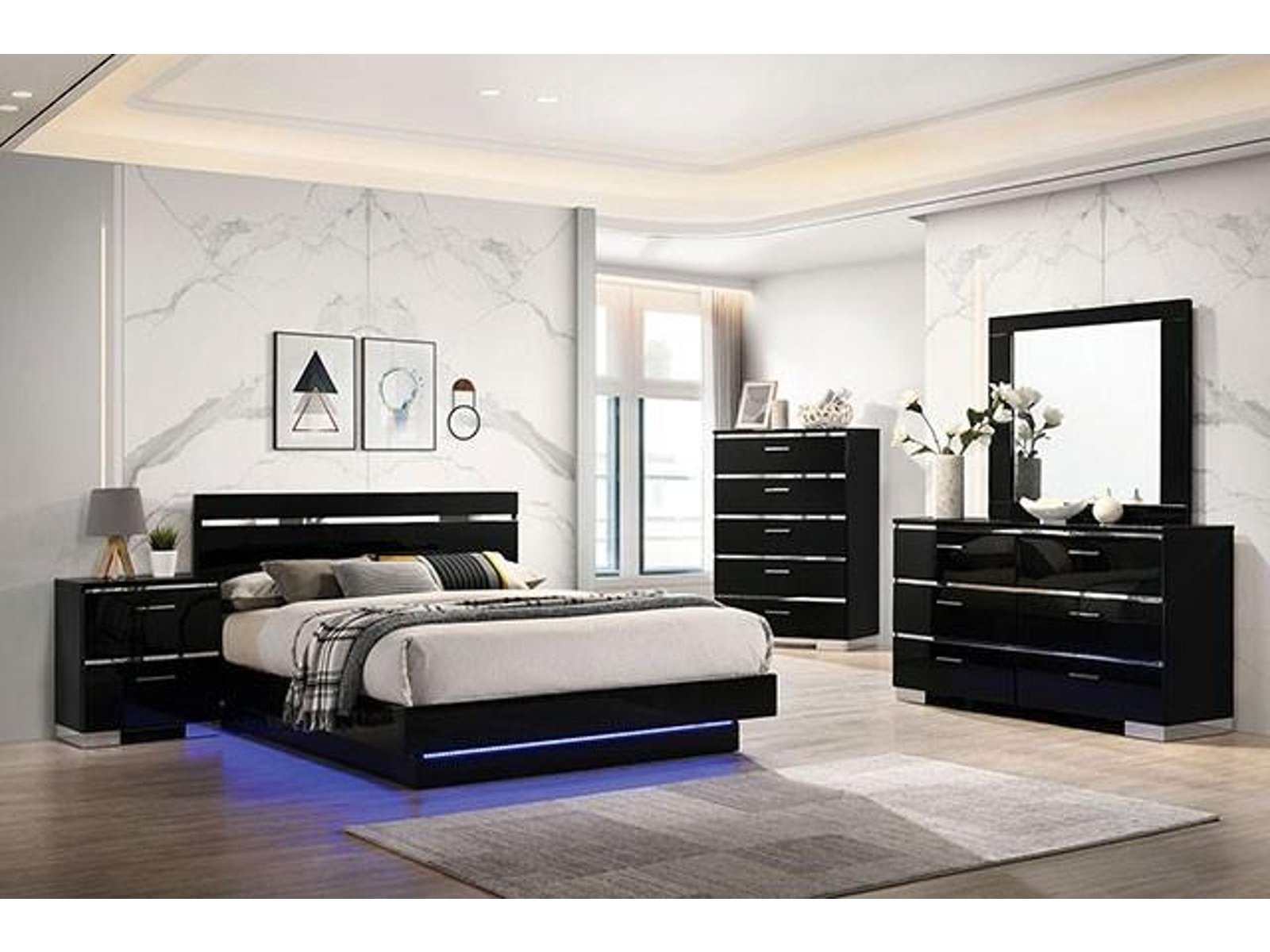 Erlach Black & Chrome 5pc Queen Bedroom Set w/ 2 nightstands