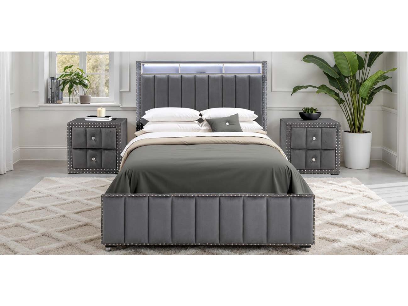 Farese Dark Gray Queen Bed w/ 2 Nightstands