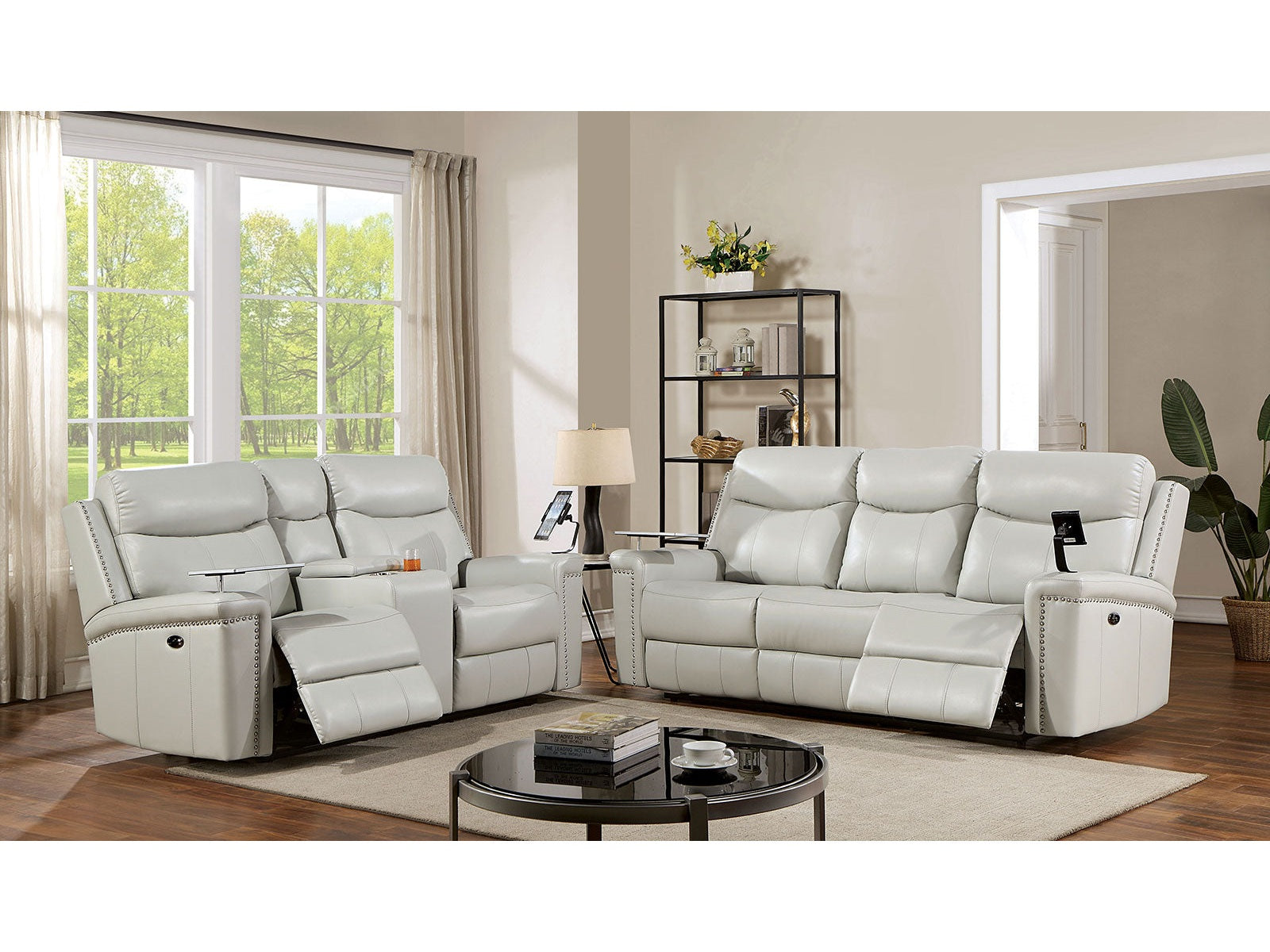 Florine Light Gray Leatherette Power Sofa & Loveseat