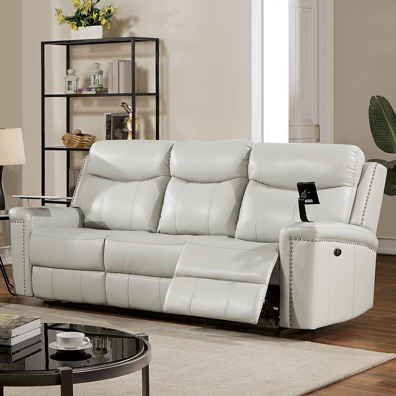 Florine Light Gray Leatherette Power Sofa & Loveseat
