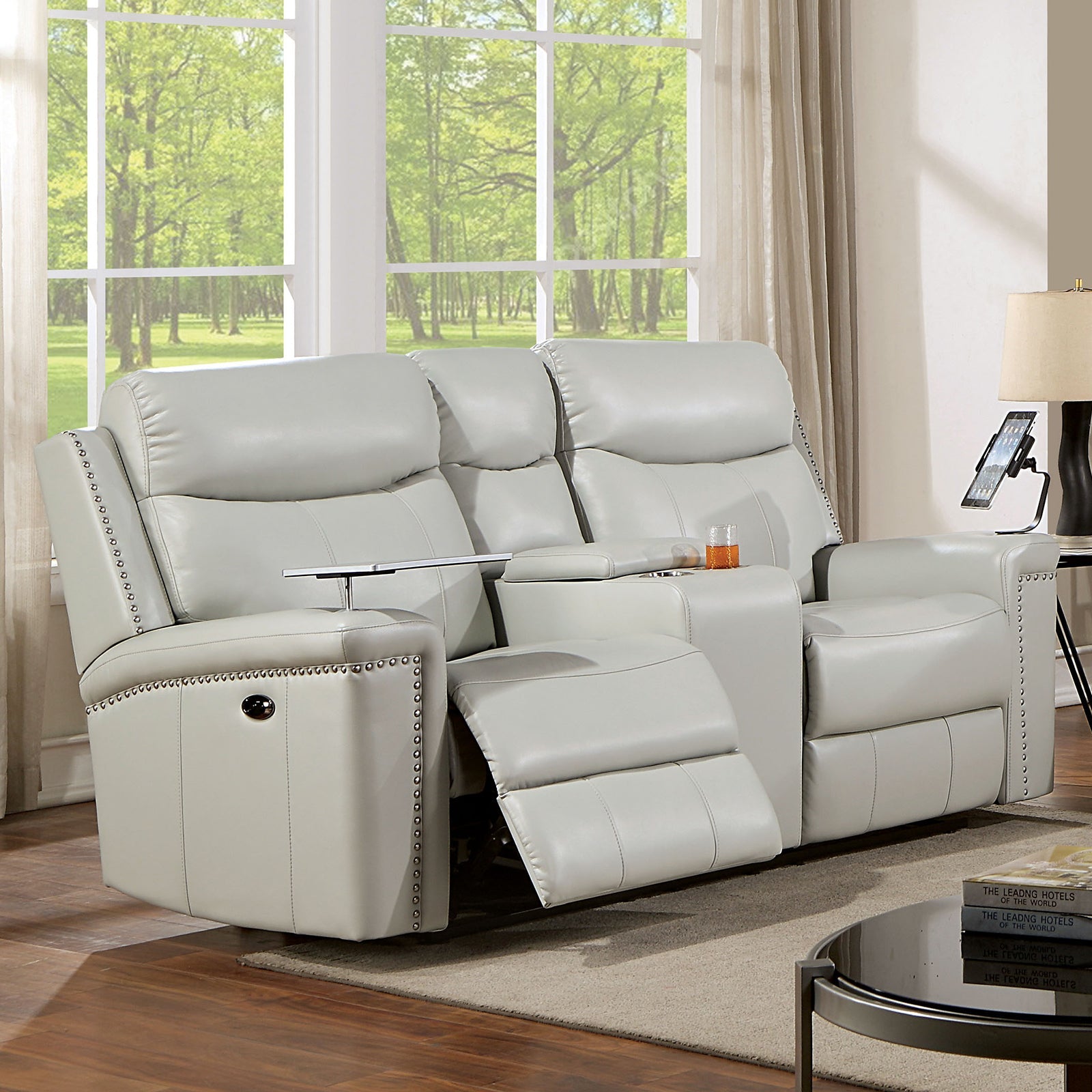 Florine Light Gray Leatherette Power Sofa & Loveseat