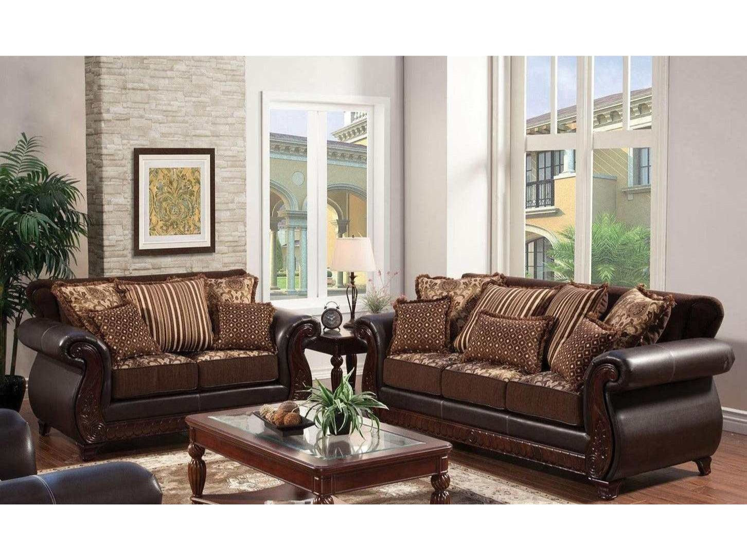 Franklin Dark Brown & Tan Stationary Sofa & Loveseat 2pc