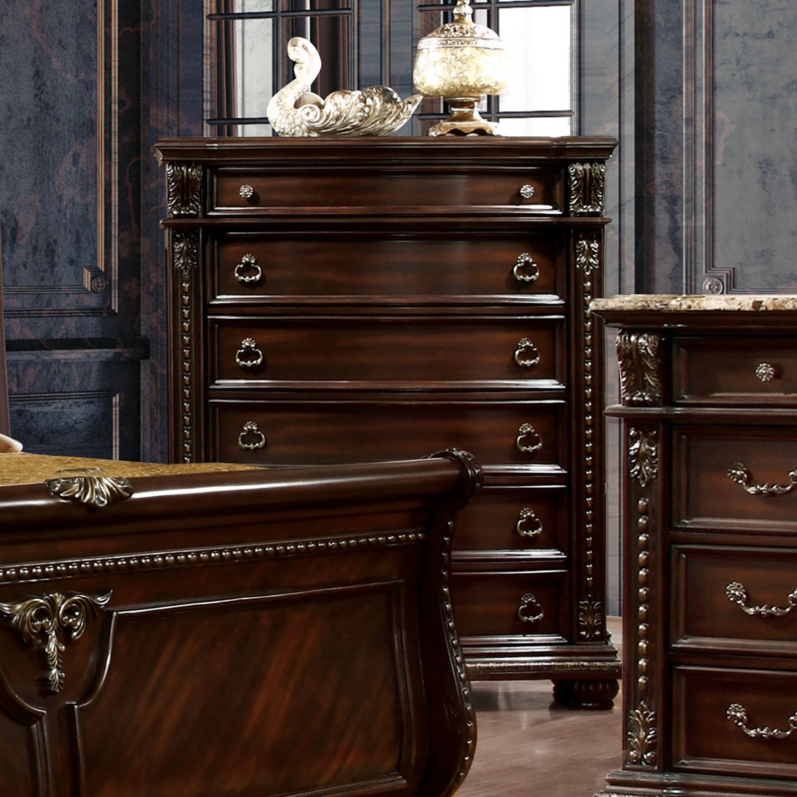 Fromberg Brown Cherry 5 Piece Bedroom Set w/Chest