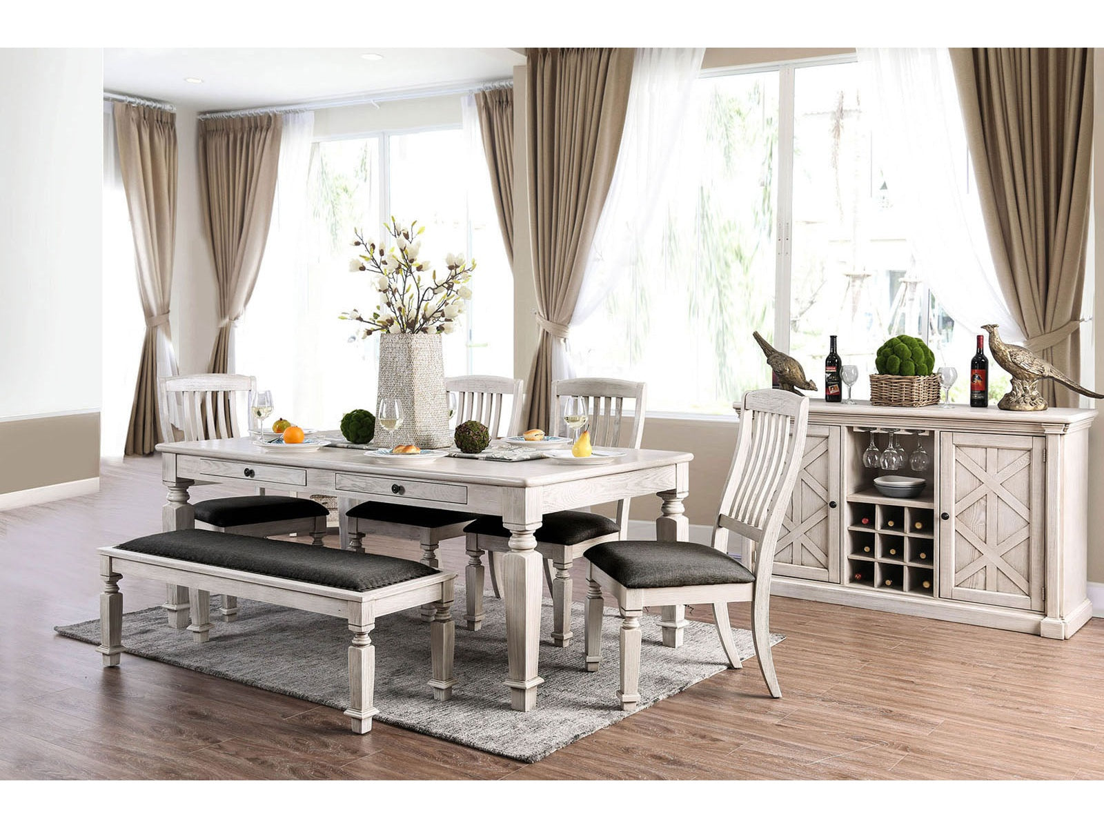 Georgia Antique White/Gray 6 Pc. Dining Room Set w/ Bench