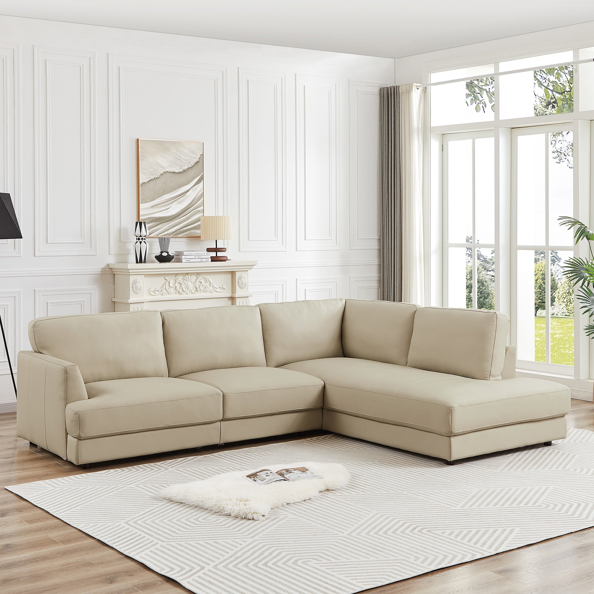 Glander Cream Leather Sectional Sofa Right Facing