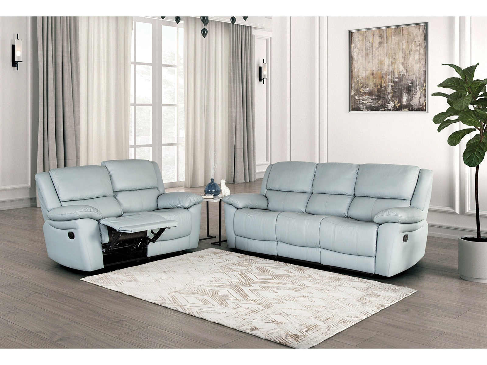 Glarus Powder Blue Leather Match Reclining Living Room Set
