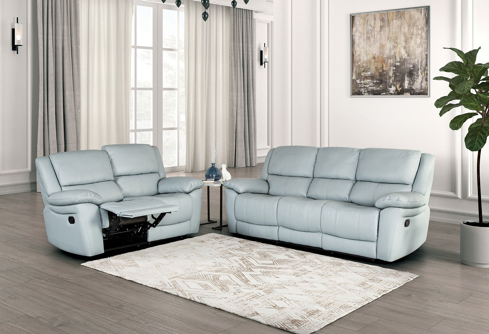 Glarus Powder Blue Leather Match Reclining Sofa