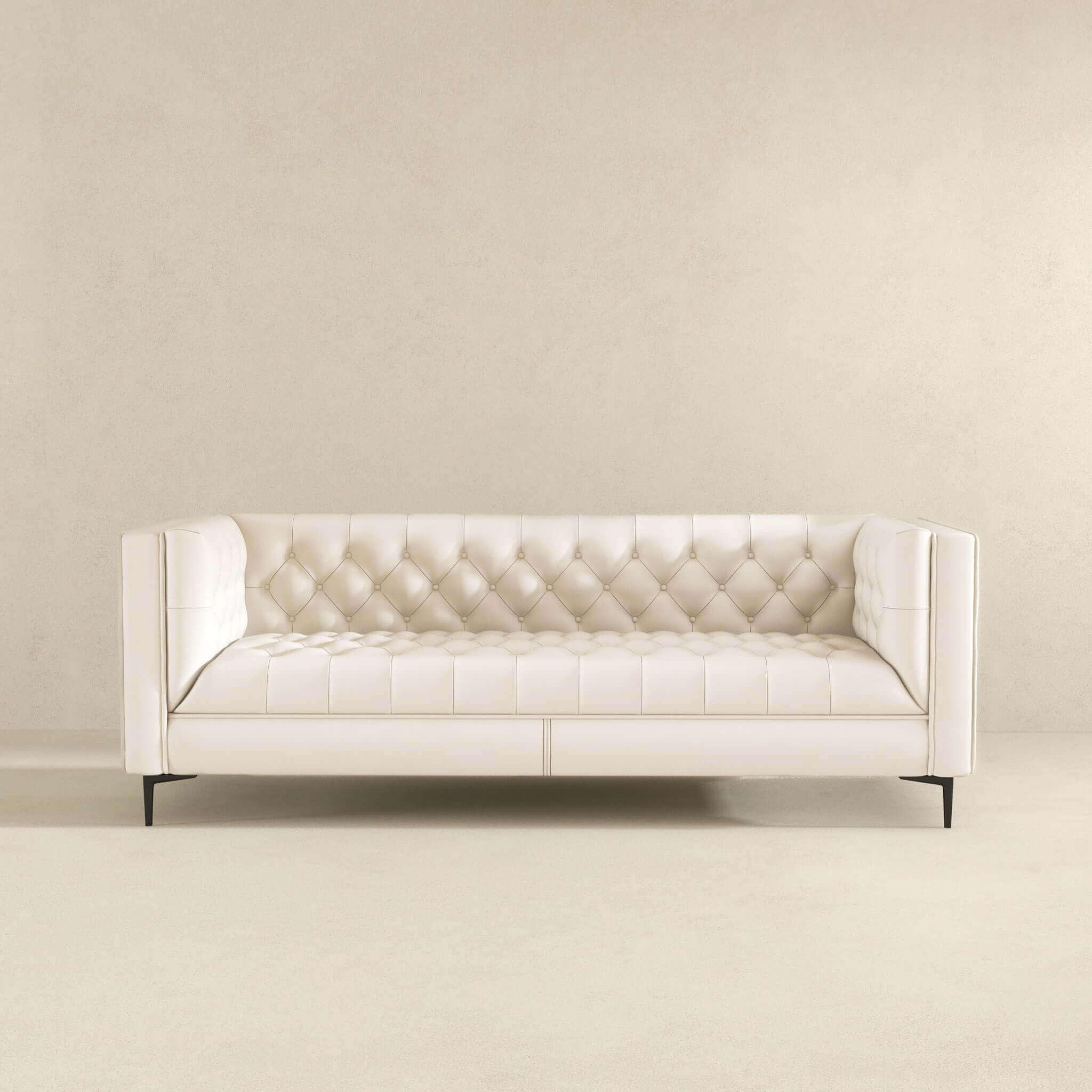 Evelyn Mid Century Modern Cream Leather Luxury Chesterfield Sofa